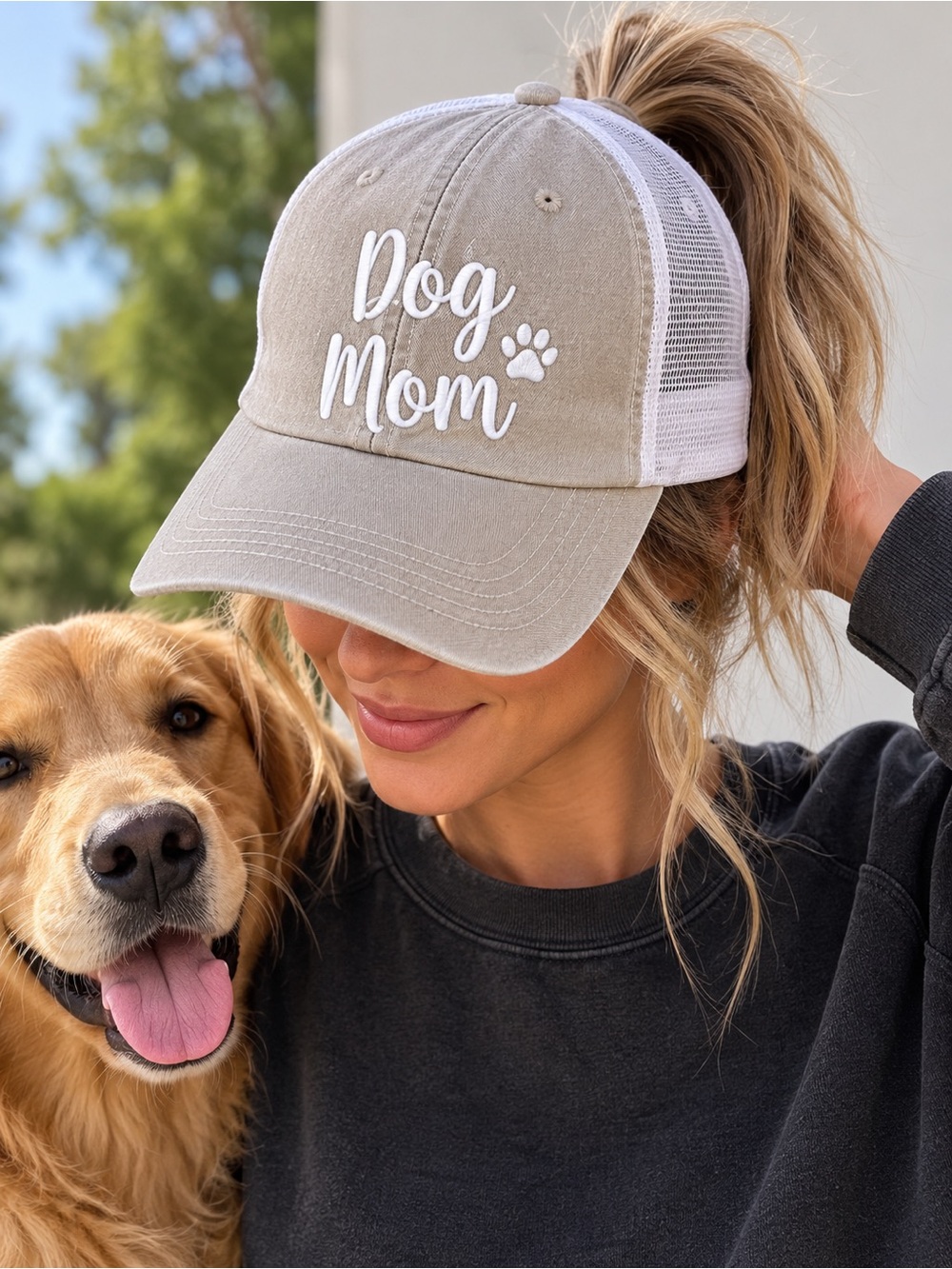 NWT C.C Dog Mom High Ponytail Mesh Trucker Embroidered Pony Cap White Khaki Gray